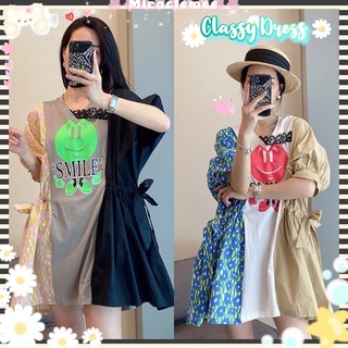 Classy Dress เดรสสั้น ทรงoversize เดรสพิมพ์ลายอมยิ้ม แขนตุ๊กตา ด้านข้างลายดอกไม้กับสีพื้น เดรสทรงใหญ่ งานป้าย