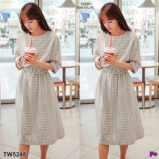 TwinsShopVip💗พร้อมส่ง TW5248 Dress เดรสลายตาราง แฟชั่นเกาหลี