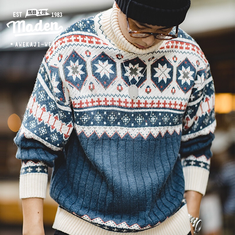 Retro เครื่องมือฤดูใบไม้ร่วงและฤดูหนาวผู้ชายญี่ปุ่นหนา Fair Isle jacquard เสื้อคอเต่าถักเสื้อกันหนาว