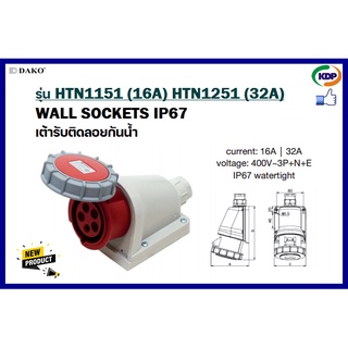 พาวเวอร์ปลั๊กเต้ารับติดลอยกันน้ำ DAKO รุ่นHTN1151(16A),HTN1251(32A)3P+N+E400V LED W power plug