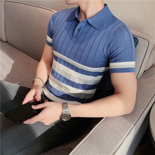 Summer light luxury business casual slim knit short-sleeved polo shirt male Britishtrend brand slim lapel solid color T-