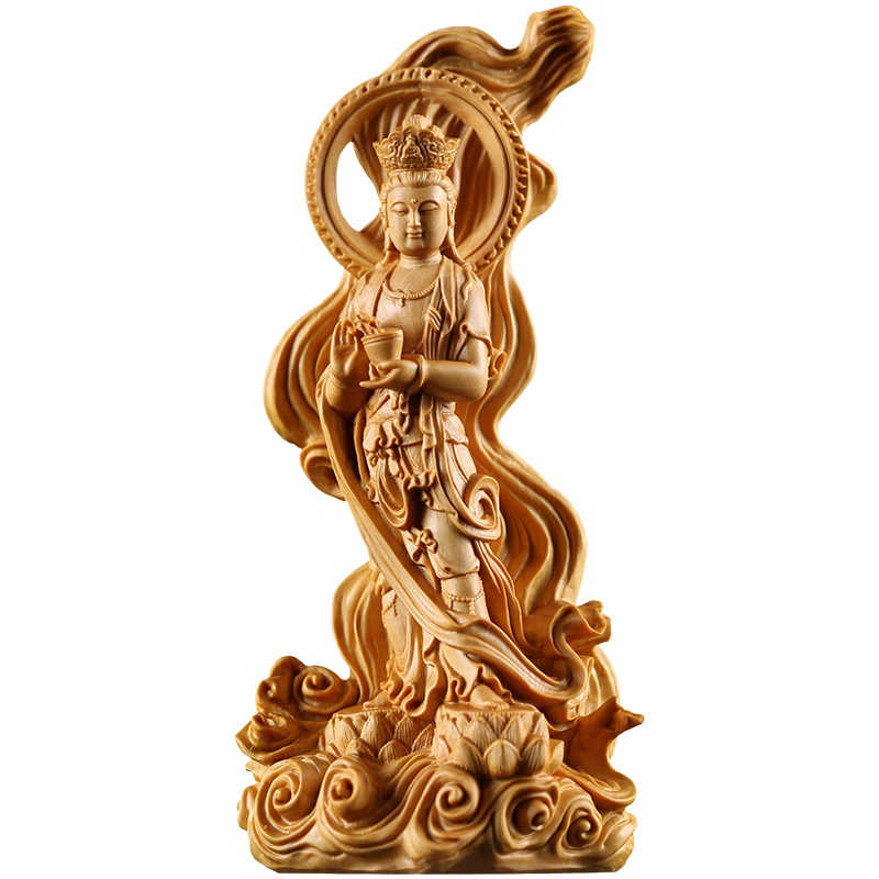 ❐Boxwood 15cm Guanyin Sculpture Wood Buddha Statue Cross Sea Guan Yin Bodhisattva Home Decor