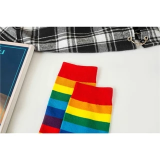 ฟรีไซส🌈ลายสายรุ้ง ถุงเท้าแฟชั่น ผ้าฝ้าย ถุงเท้าข้อกลาง NO.48