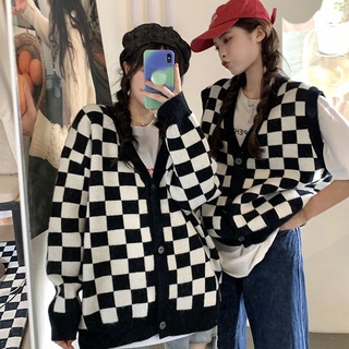 【COD】เสื้อคาร์ดิแกนไหมพรม □เสื้อคาร์ดิแกนผ้าถักพร้อมเสื้อแจ็คเก็ตลายสก๊อต เสื้อกั๊กลายหมากรุกนักเรียนเกาหลี แมทช์ได้ทุกอ