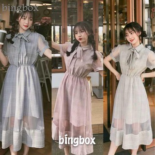 Bingbox06🌸 เดรส จั๊มเอว คอปกผูกโบว์ ลายสก็อต แต่งซีทรู มีไซส์M,L มี3สี เทา,ชมพู,เบจ เดรสน่ารักสุดๆ