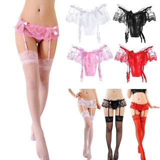 ชุดถุงน่อง จีสตริง Womens Sexy Lace Solid Thin Sexy Suspender G-String Garter Belt Stockings  - 1 ชุด มี 2 ชิ้น