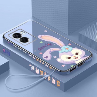 Oppo A57 Reno 7Z 7 Pro 5G Reno7Z เคลือบเงา สี่เหลี่ยม ซิลิโคน เคสการ์ตูน Stellalou เคสนิ่ม + สายคล้องคอ