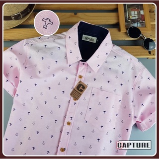 เสื้อเชิ้ตแขนสั้น คอปก ผ้า Oxford ลายเครื่องบิน สีชมพู มีถึง 4XL