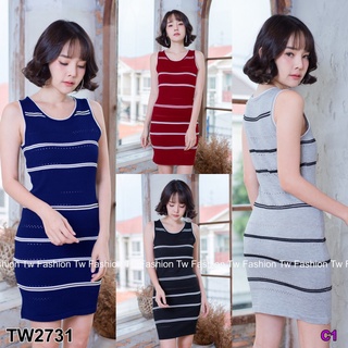 TT2731 เดรสไหมพรมแขนกุดลายริ้ว เส้นนูน Sleeveless silk dress with stripes and embossed lines