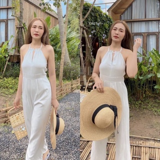 ME13827 Jumpsuit จั้มสูทสายคล้องคอ ผ้าซาร่า มียางสม็อคหลัง ขากระบอกทรงสวย พร้อมส่ง