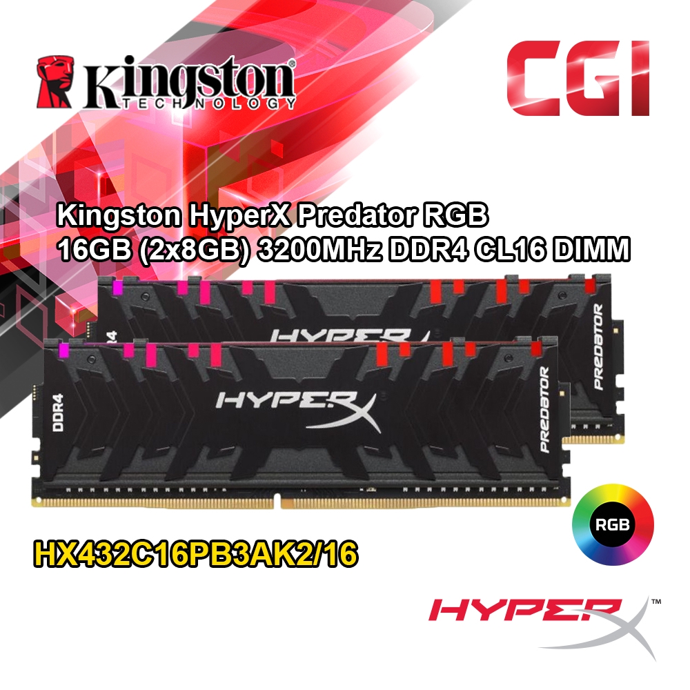 Kingston HyperX Predator RGB 16GB (2x8GB) 3200MHz DDR4 CL16 DIMM (HX432C16PB3AK2/16)