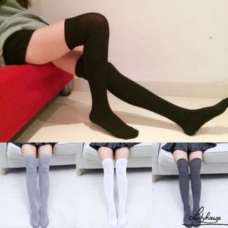 LD-Women Cotton Thigh High Stocking Solid Color Warm Over the Knee Socks Fashion School Style Extra Long Leggings