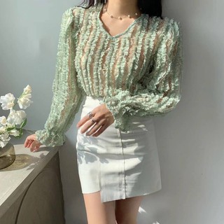 เสื้อแขนยาวคอวีสไตล์สาวเกาหลี ผ้าซีทรูแต่งสวยเกร๋