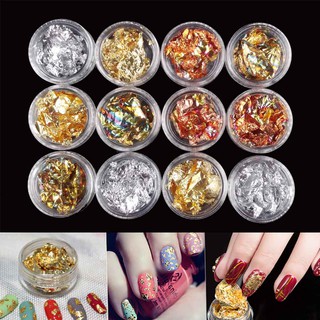 12 Pot / Set Gold Silver Nail Glitter Foils Adhesive Gel Sticker Nail products