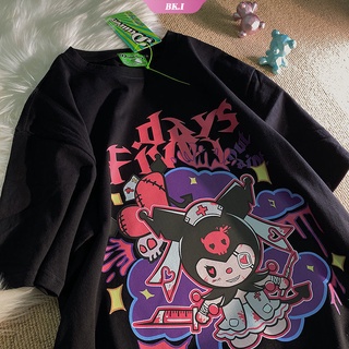 เสื้อยืดแขนสั้น ทรงหลวม ลายการ์ตูน Sanrio Kuromi Y2K สไตล์สตรีท เรียบง่าย สําหรับผู้หญิง【BK2】