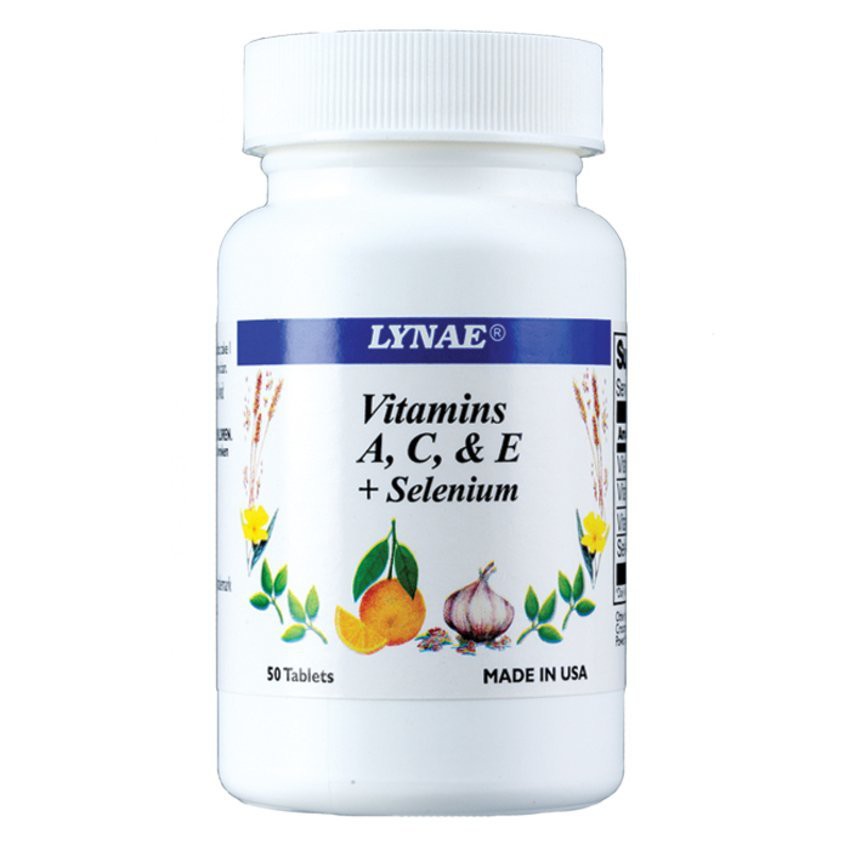 LYNAE Vitamin A C E + Selenium Vitamin USA ยีสต์ป้องกันโรคหัวใจ 50 เม็ด (1 ขวด)