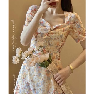 พร้อมส่ง เดรสชีฟองลายดอก เดรสยาว เดรสเกาหลี จีบอก
