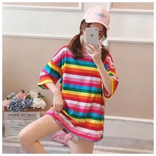 🌈⚡️เสื้อยืดทรง OVERSIZE สีรุ้ง แต่งลายริ้ว ผ้าคอนตอน💯%