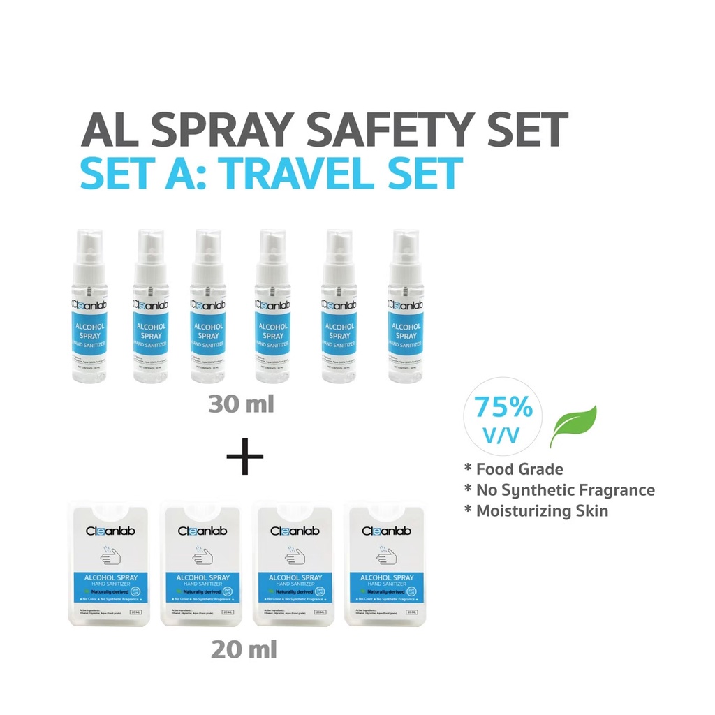 Set A - Cleanlab Alcohol Spray Hand Sanitizer แอลกอฮอล์เสปรย์ ขนาด 30ml 6ขวด+ 20ml 4 ชิ้น food grade