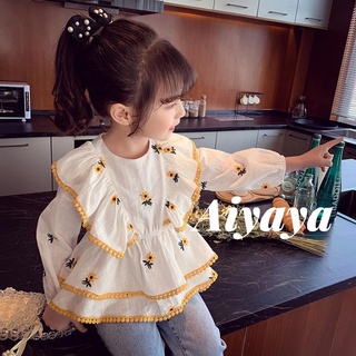 Aiyaya เสื้อเด็กผุ้หญิง เสื้อผ้าแฟชั่นเด็กผู้หญิง เสื้อเชิ้ตแขนยาวผ้าฝ้ายสไตล์เกาหลี ลายดอกทานตะวัน（297）