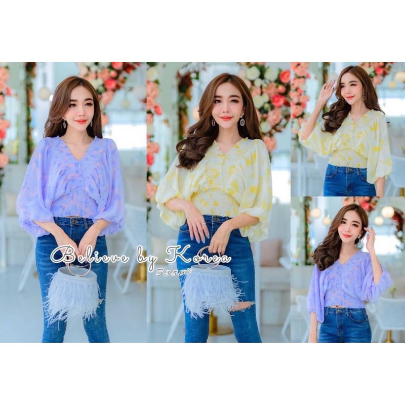 เสื้อผ้าชีฟอง คอวี แขนบอลลูน สีพลาสเทล จั๊มเอว ใส่เล่นสงกรานต์