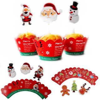 24Pcs Christmas Santa snowman	reindeer Cupcake Toppers &amp; Wrappers Kids Party Cake Decorations Set