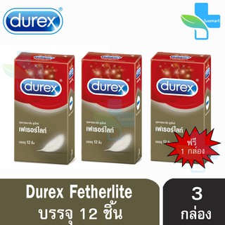 Durex Fetherlite ดูเร็กซ์ เฟเธอร์ไลท์ ขนาด 52.5 มม บรรจุ 12 ชิ้น [3 กล่อง] ถุงยางอนามัย ผิวเรียบ condom ถุงยาง