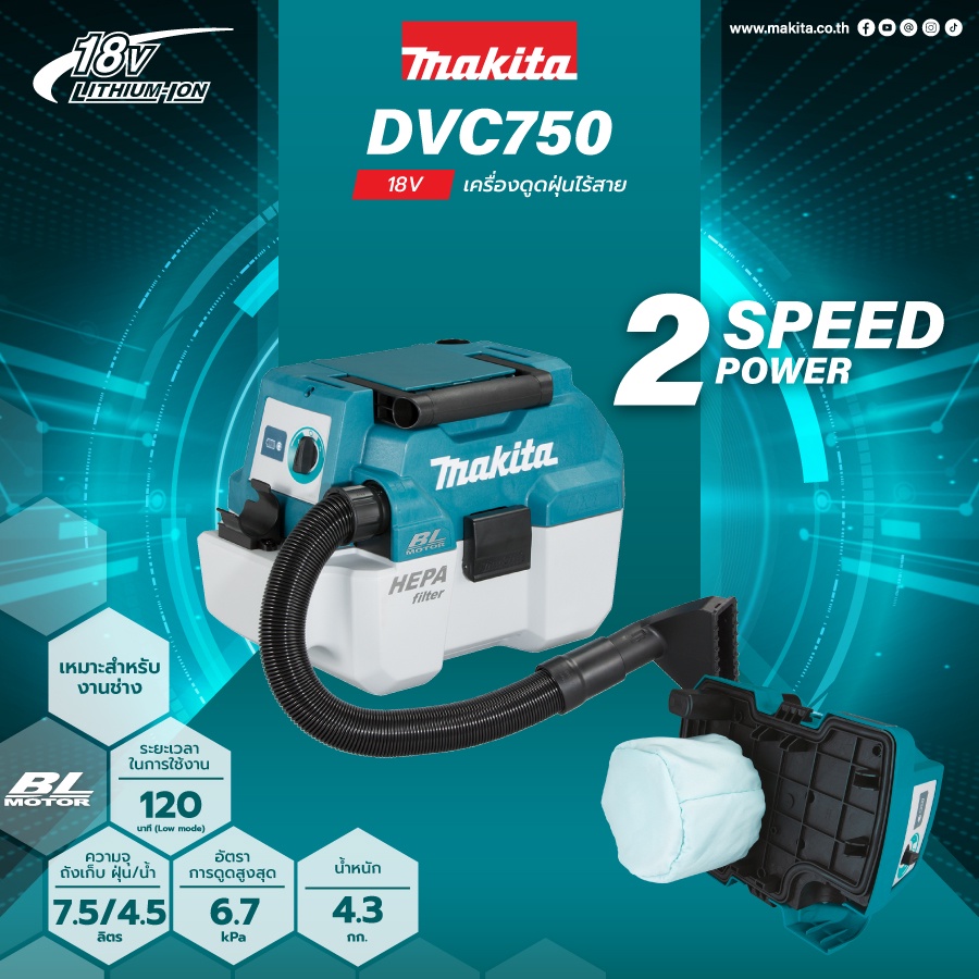 MAKITA ครื่องดูดฝุ่น-เป่า (น้ำ-แห้ง) 18V รุ่น DVC750LZX1 (ไม่รวมแบตเตอรี่และแท่นชาร์จ)