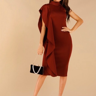 เดรสทรงดินสอ แขนกุด เหมาะออกงานสวยสง่าสีแดงเบอร์กันดี size S Exaggerated Ruffle Trim Slit Back Bodycon Dress