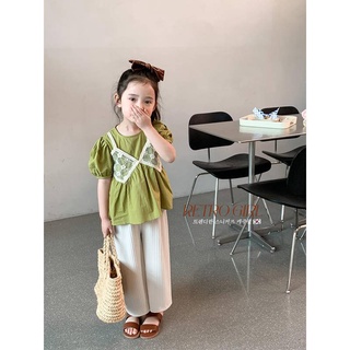 เสื้อเด็กหญิงแขนสั้น  + กางเกง ฤดูร้อนใหม่เกาหลีรุ่น Retro  สีเขียวลูกไม้แขนสั้น แฟชั่นเด็ก