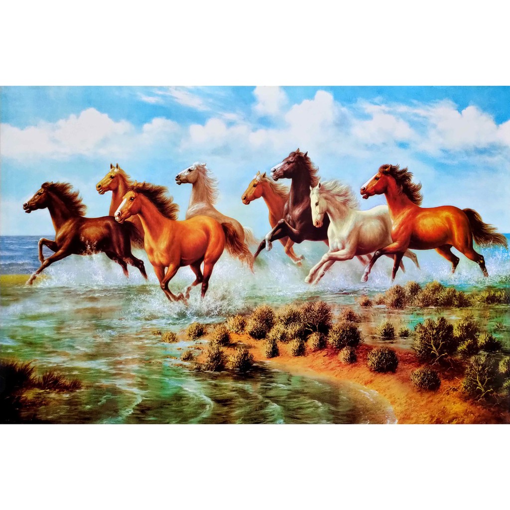 โปสเตอร์ ภาพวาด ม้าวิ่ง ม้ามงคล ม้า8ตัว ภาพมงคล เสริมฮวงจุ้ย Horse River Running POSTER 24”x35” Inch Painting V3