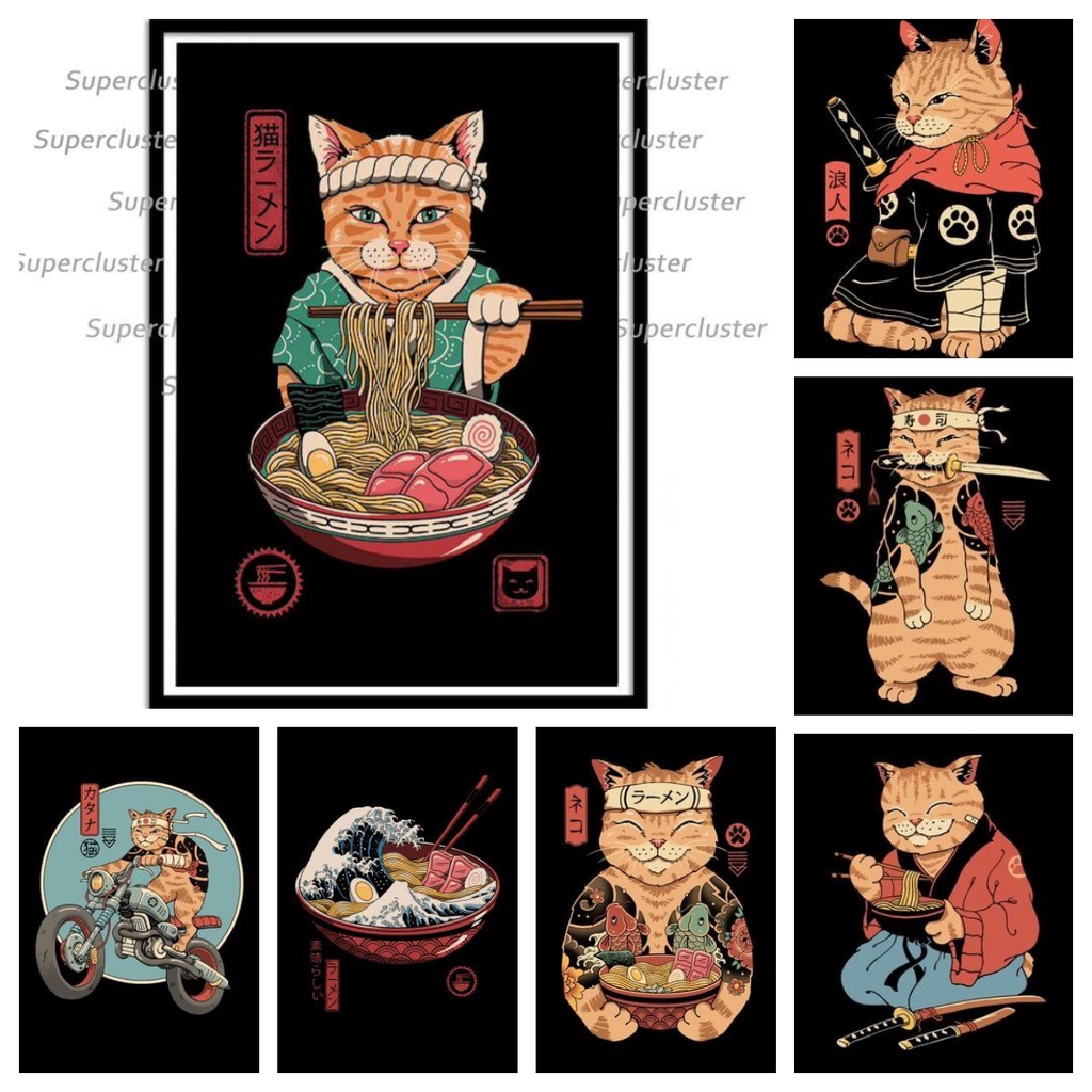 Neko Ramen โปสเตอร์ ภาพวาดผ้าใบ รูปแมวซามูไร สไตล์ญี่ปุ่น สําหรับตกแต่งผนัง ห้องครัว ร้านอาหาร ร้านค้า