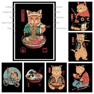 Neko Ramen โปสเตอร์ ภาพวาดผ้าใบ รูปแมวซามูไร สไตล์ญี่ปุ่น สําหรับตกแต่งผนัง ห้องครัว ร้านอาหาร ร้านค้า