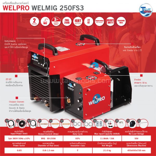 เครื่องเชื่อม WELPRO MIG 250FS3 / 380V 50Hz  รับประกัน 2 ปี