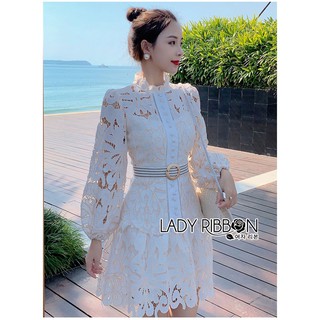 Lady  Orianna Casual Lace Long-sleeves Cotton Peplum Dress With Belt