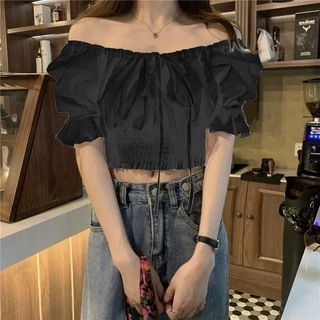 มาใหม่เสื้อครอปเอวลอยเเขนตุ๊กตาผูกโบว์ สีพื้นผ้าลื่น งานสม็อคเอว มี3สีไห้เลือก