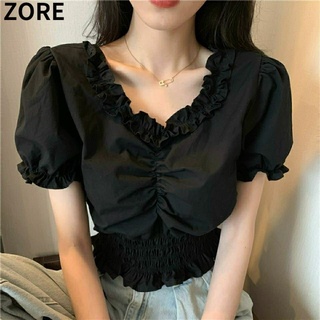 Zore เสื้อครอปท็อป คอวี แขนพัฟ เข้ารูป สไตล์ฝรั่งเศส แฟชั่นฤดูร้อน สําหรับผู้หญิง