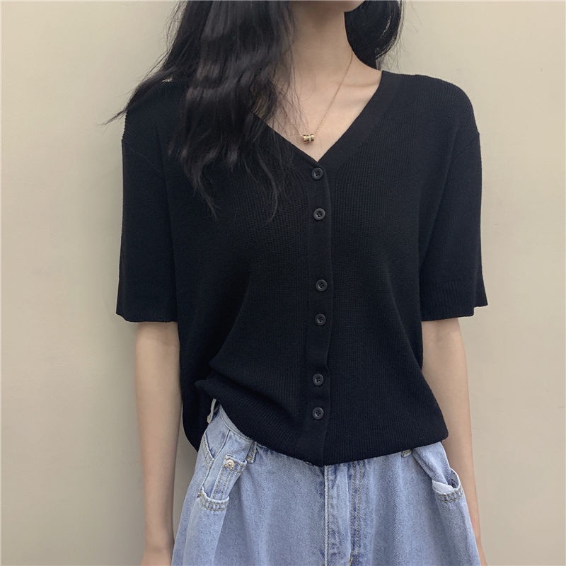 เสื้อยืดแขนสั้น คอวี ผ้าถัก ทรงหลวม สีดํา สําหรับผู้หญิง