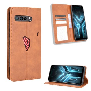 Asus ROG Phone 3 ZS661KS Vintage PU Leather Case แบบพลิกตั้งได้สไตล์วินเทจ Magnetic Support Flip Wallet Cover Protective Case