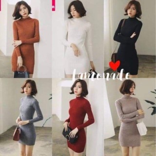 สินค้าพร้อมส่ง เดรสคอเต่าแขนยาว