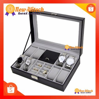 New Alitech**พร้อมส่ง** C06 กล่องนาฬิกาเครื่องประดับ รุ่นกระจก PU Leather Home Display Watch Box d8xZ