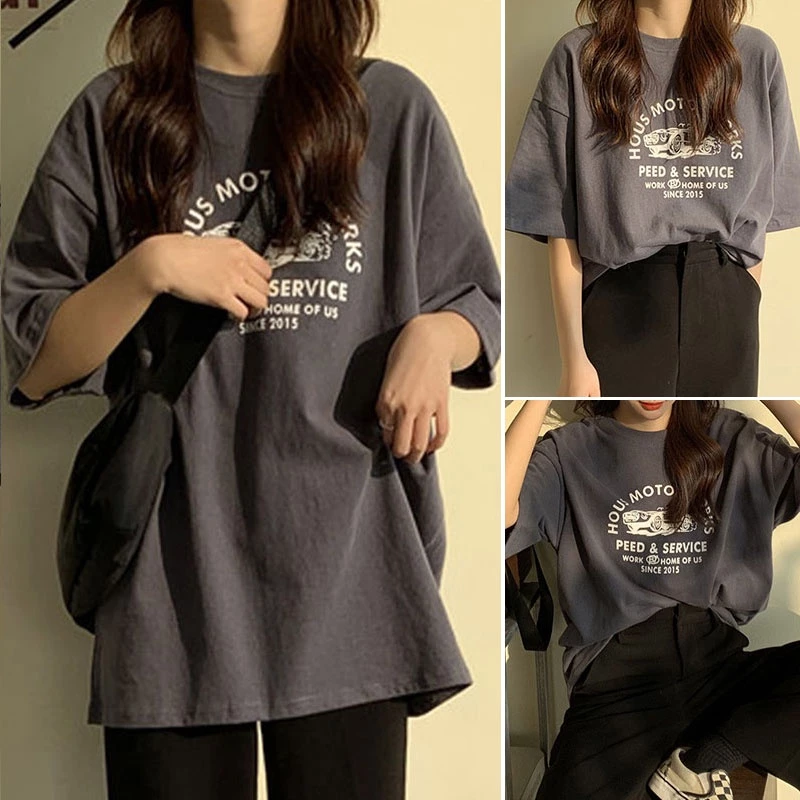 เสื้อยืดไซส์ใหญ่คอกรมผู้หญิง oversize แขนสั้นสไตล์เกาหลี เสื้อผ้าแฟชั่นวัยรุ่นน่ารัก เสื้อโอเวอร์ไซส์สกรีนลายวินเทจ xxl thumbnail 5