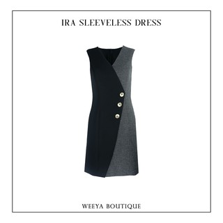 Weeya Ira Sleeveless Dress เดรสแขนกุด กระโปรงทรงเอ ดีไซน์ตัดต่อสีผ้า แต่งกระดุมทอง