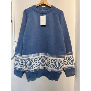 CELINE BOXY WOOL SWEATER WITH JACQUARD TRIOMPHE MOTIF IN BLUE เสื้อสเวตเตอร์กันหนาวแขนยาว แบรนด์ซีลีน ผ้าไหมพรม สีฟ้า