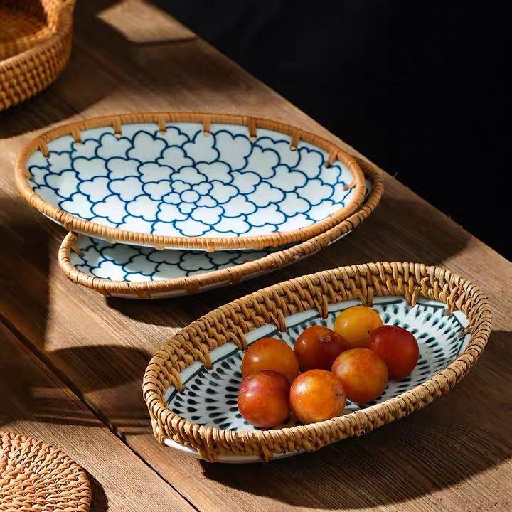 ceramic จานเปล กระเบื้อง จานเซรามิก หวายธรรมชาติ ถาดกระเบื้อง ใส่อาหาร
