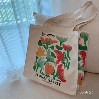 กระเป๋าผ้าใบ。 Andcici Museum Market Flower Flower Bag Bag ไหล่ไหล่ช็อปปิ้งกระเป๋าเด็กนักเรียนและนักเรียนหญิง