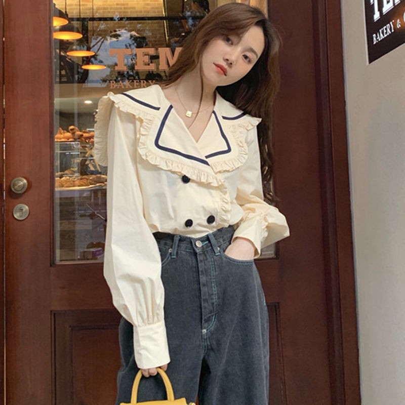 พร้อมส่ง ปกสีกรมท่า เสื้อเชิ้ตผู้หญิง ย้อนยุค แฟชั่นผู้หญิง เสื้อเชิ้ตเกาหลี S-3XL