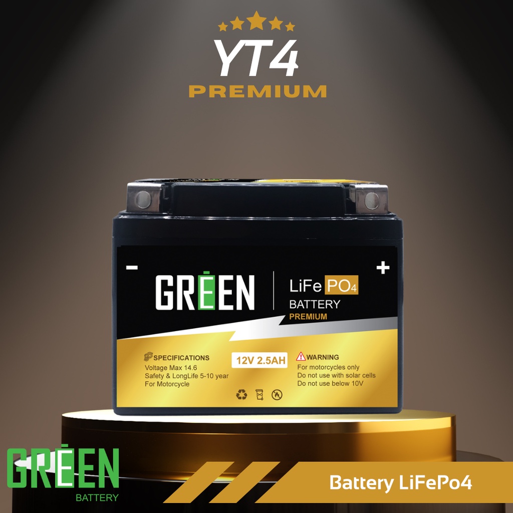 YT4 (12V 2.5Ah) Premium 26650 (A123) แบตเตอรี่มอเตอร์ไซค์ LiFePo4 แบตเตอรี่ลิเธียมฟอสเฟต Green battery พรีเมี่ยม