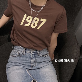 Mmlg เสื้อยืดแขนสั้น พิมพ์ลายตัวอักษร 1987 สีตัดกัน สไตล์คลาสสิก แฟชั่นฤดูร้อน