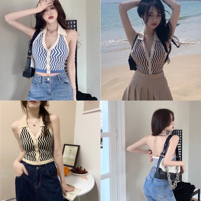 Onnie เสื้อไหมพรมคล้องคอลายหยัก น่ารักรับซัมเมอร์